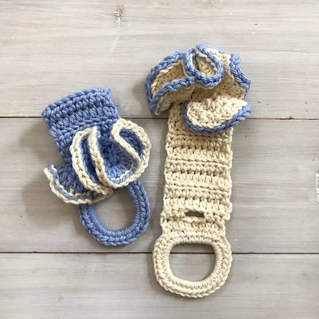 2 crochet towel holders laying flat
