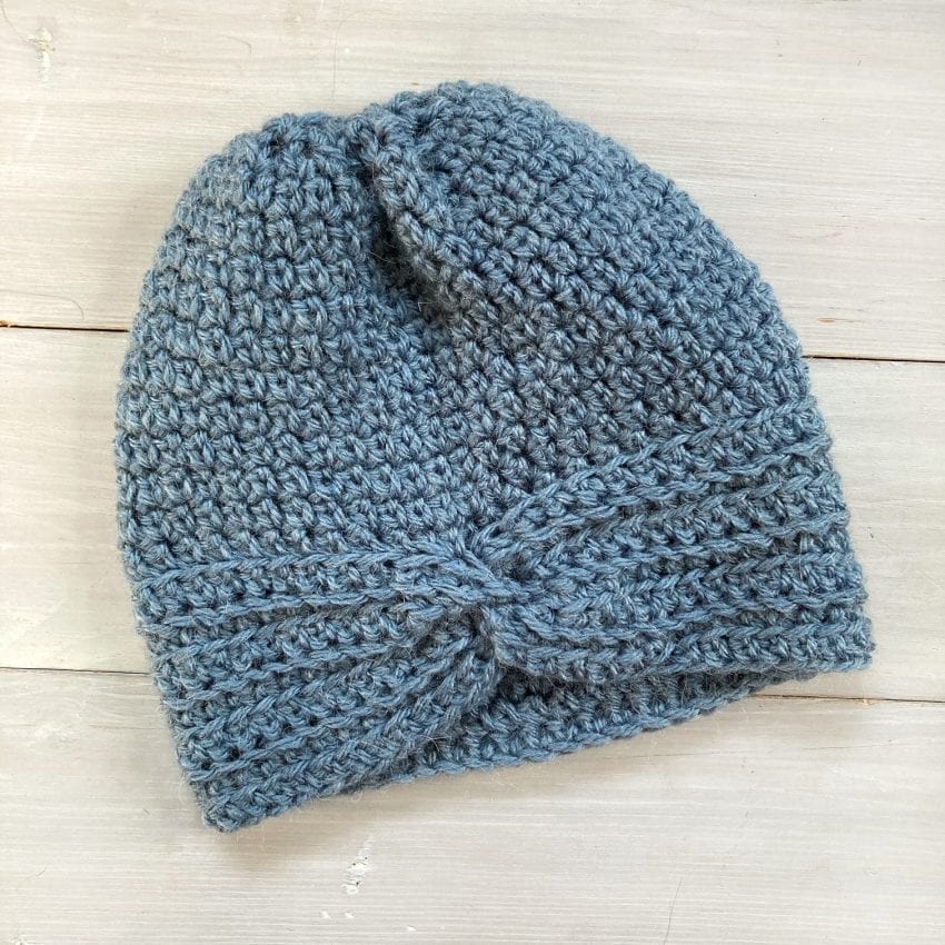 turban style blue crochet hat