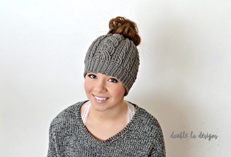 cables crochet messy bun beanie