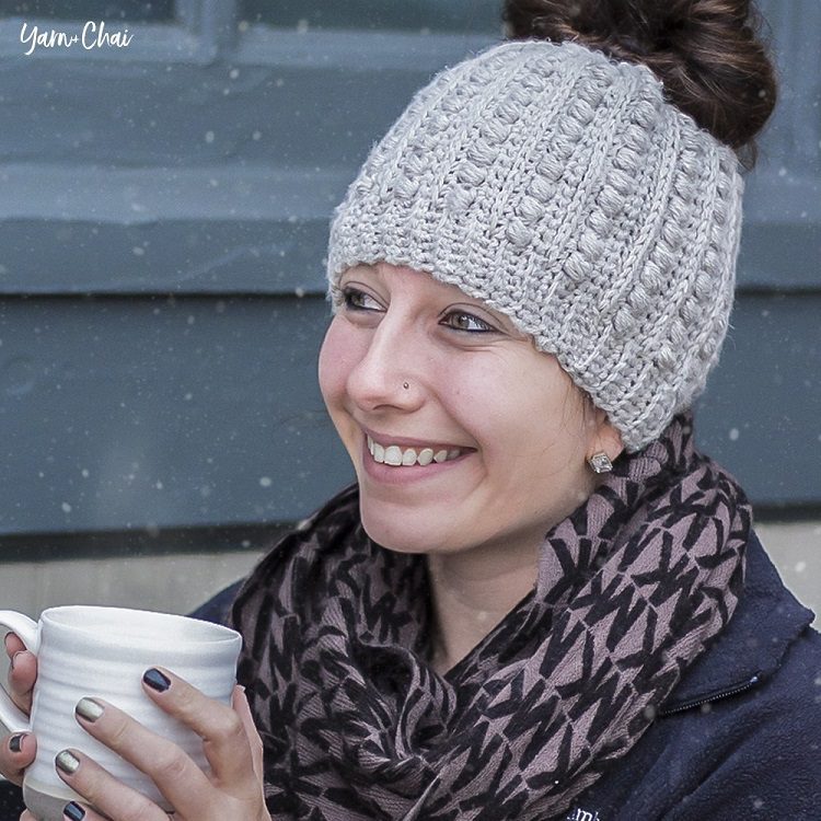 textured crochet bun hat