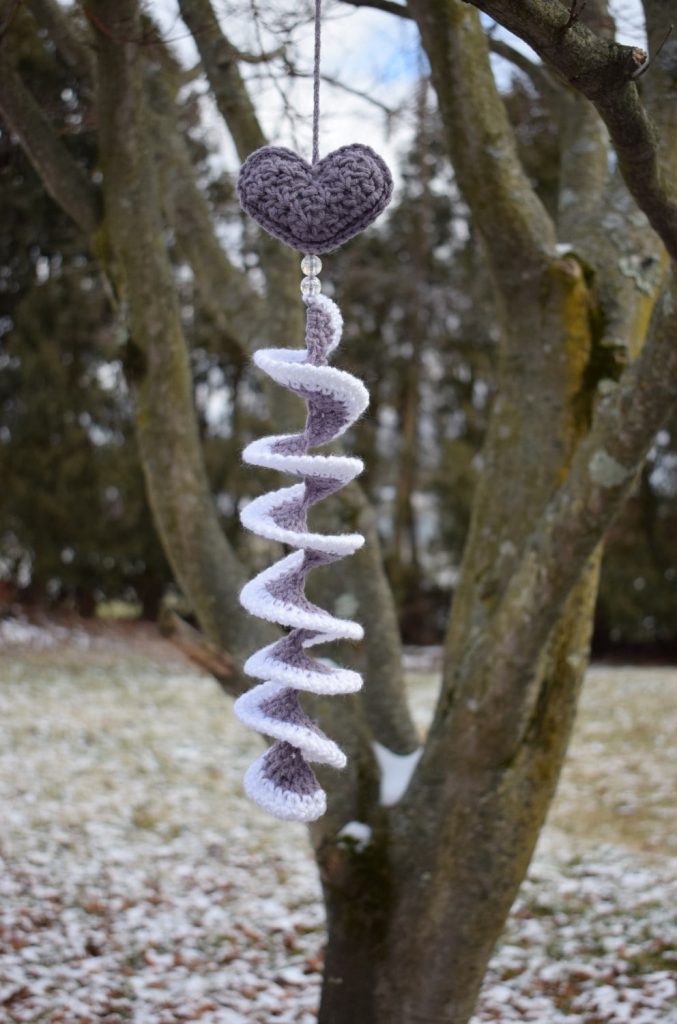 hanging crochet purple heart wind spinner