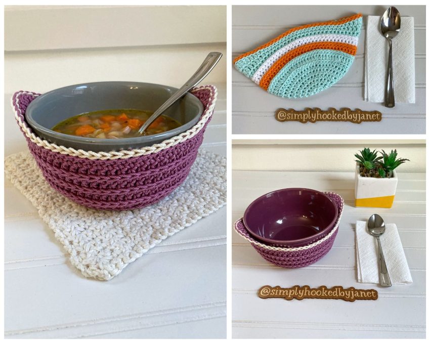 crochet bowl cozy free pattern collage image